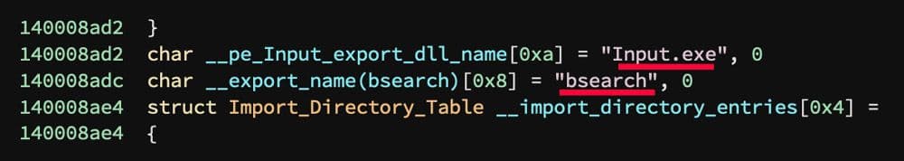 A snippet of C-like structure definitions showing a DLL export table. Strings "Input.exe" and "bsearch" are highlighted as values of __pe_Input_export_dll_name and __export_name(bsearch) respectively.