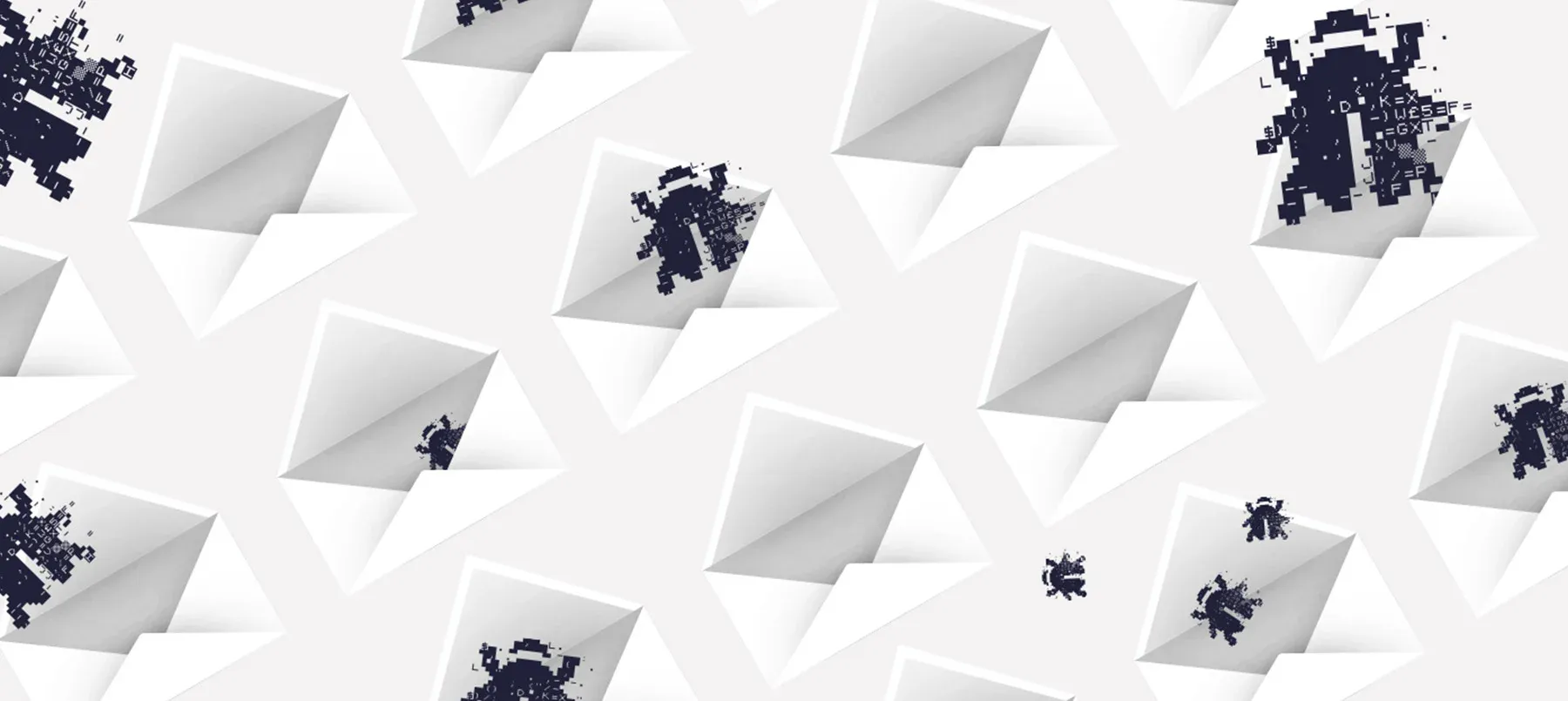 envelopes with pixelated bugs crawling out of them
