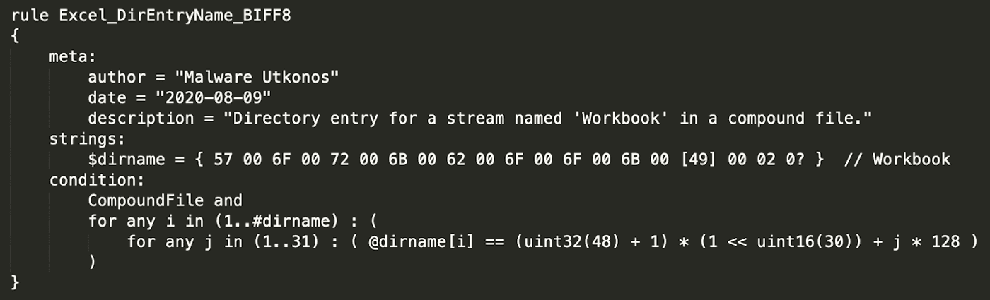 YARA Rule for Identifying Directory Entry Named "Workbook"
