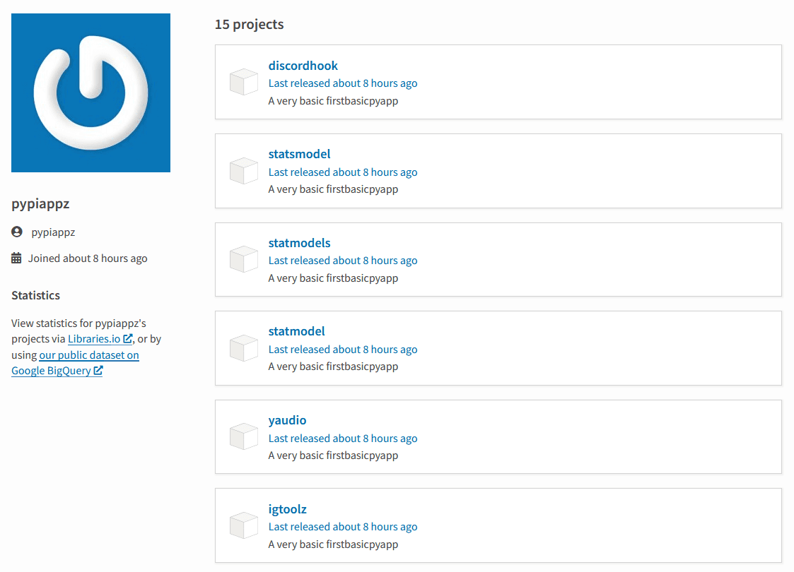 PyPI user profile for ‘pypiappz’ showing 15 projects with names resembling legitimate Python libraries, all uploaded about 8 hours ago and labeled as basic apps
