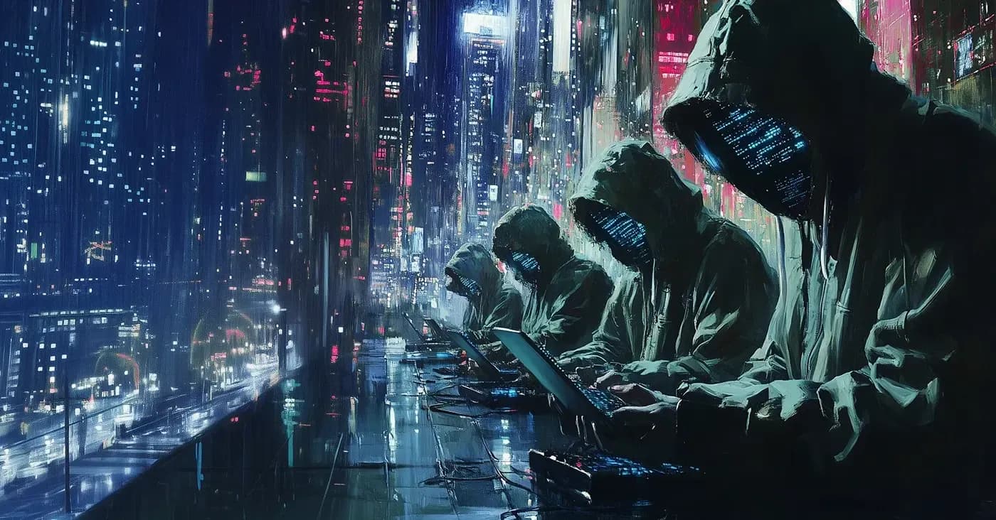 ominous faceless hooded figures doing computer things