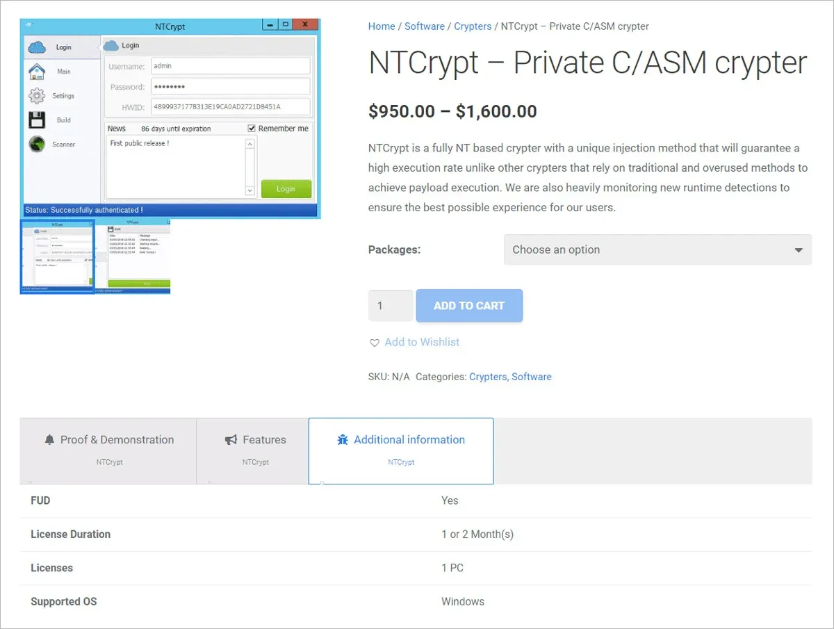 Crypter advertised as available on a purchasing website