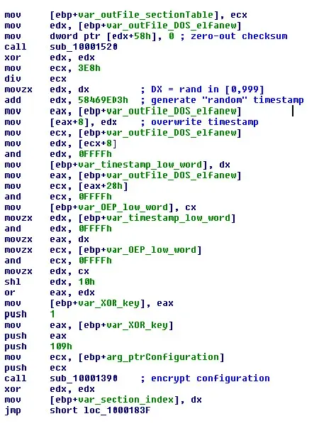 Screenshot of disassembled assembly code, showing part of a routine involved in generating a random timestamp and XOR key. The code includes instructions for zeroing out checksums, manipulating DOS headers, generating a pseudo-random timestamp, and storing it in variables. The code also generates an XOR key and pushes configuration arguments before jumping to an encryption routine. This appears to be part of a malware obfuscation or packing process.