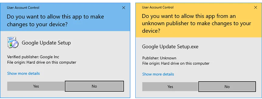 Side-by-side comparison of Windows UAC prompts: one showing “Google Inc” as a verified publisher, the other flagged as unknown.