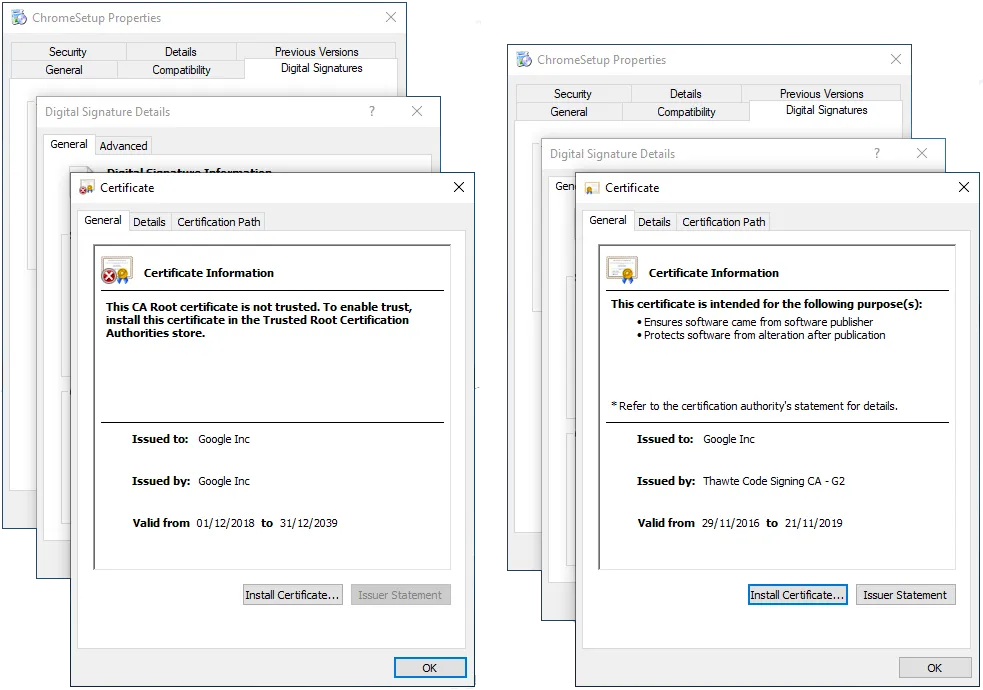 Two versions of digital signature dialogs, one trusted via Thawte CA, the other rejected as an untrusted Google Inc root.