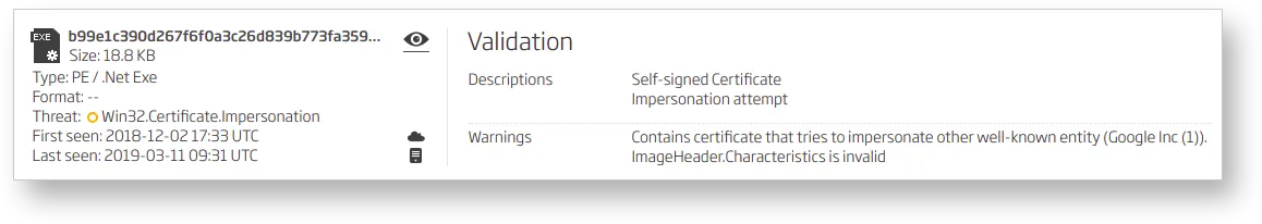 Threat intelligence entry showing a self-signed certificate labeled as impersonation, pretending to be Google Inc.