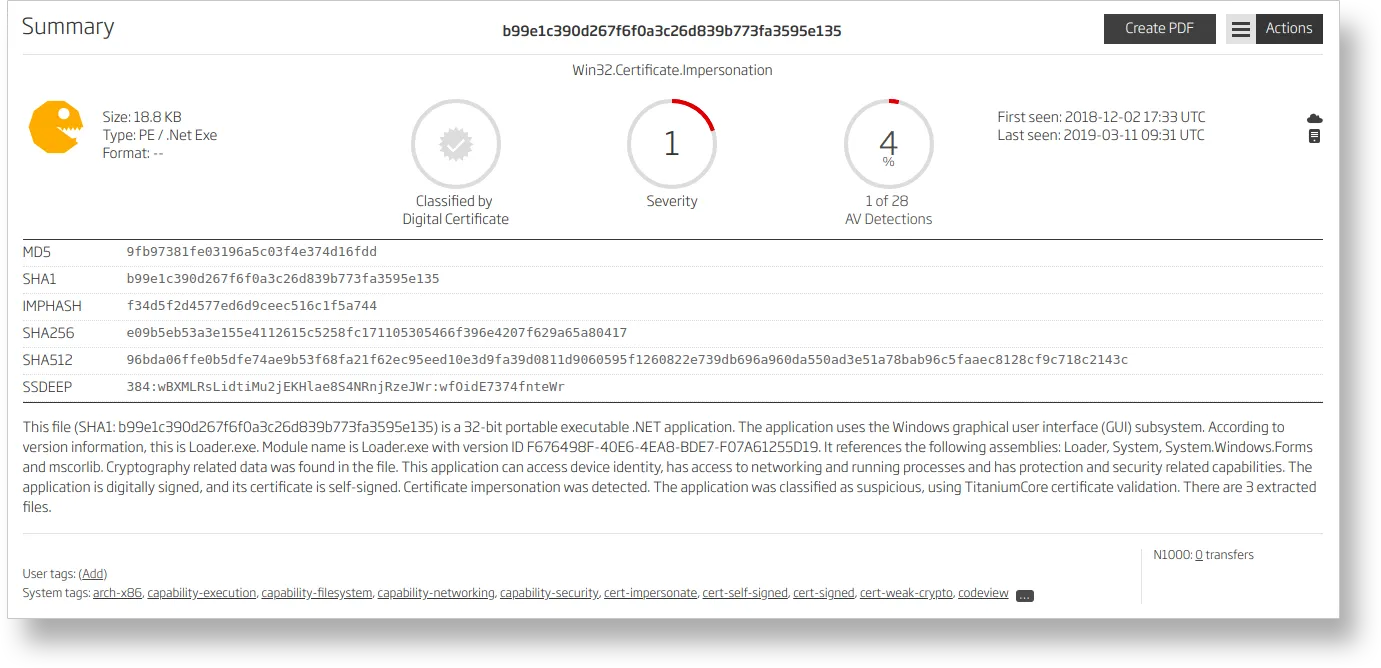 Summary of a digitally signed but suspicious .NET executable flagged for impersonating certificate attributes.