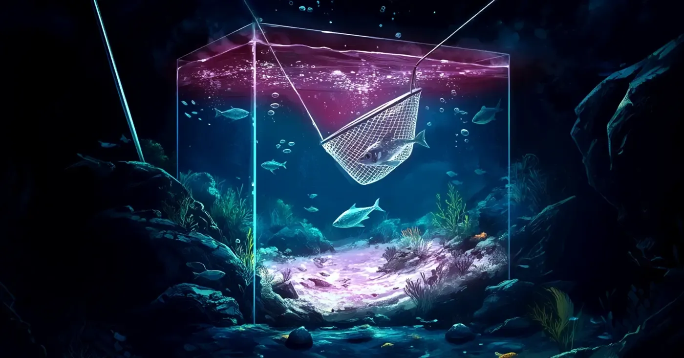 net catching fish in tank