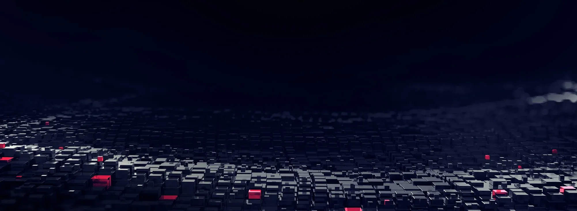 spaceship-evocative cluster of black and red cubes