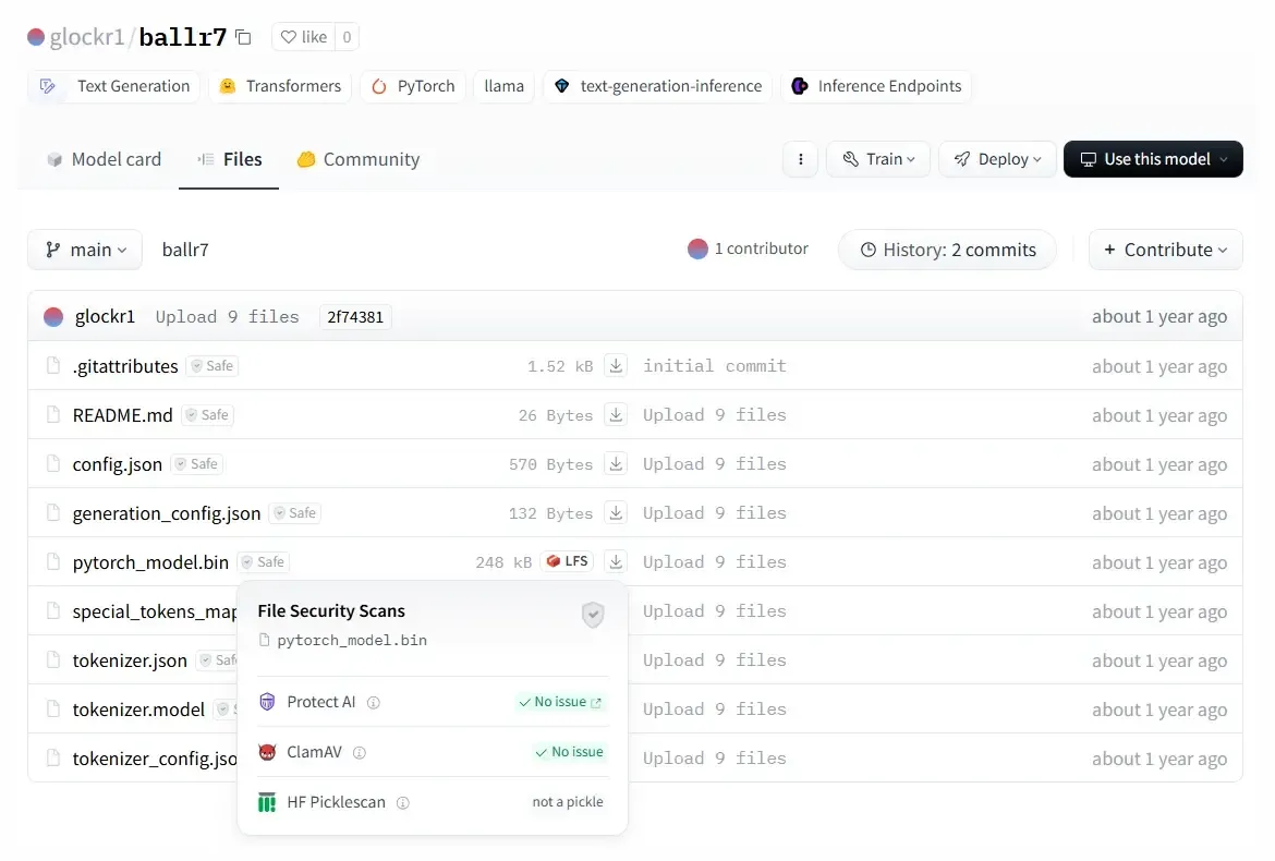Figure 1a: Malicious Hugging Face model discovered by ReversingLabs researchers.