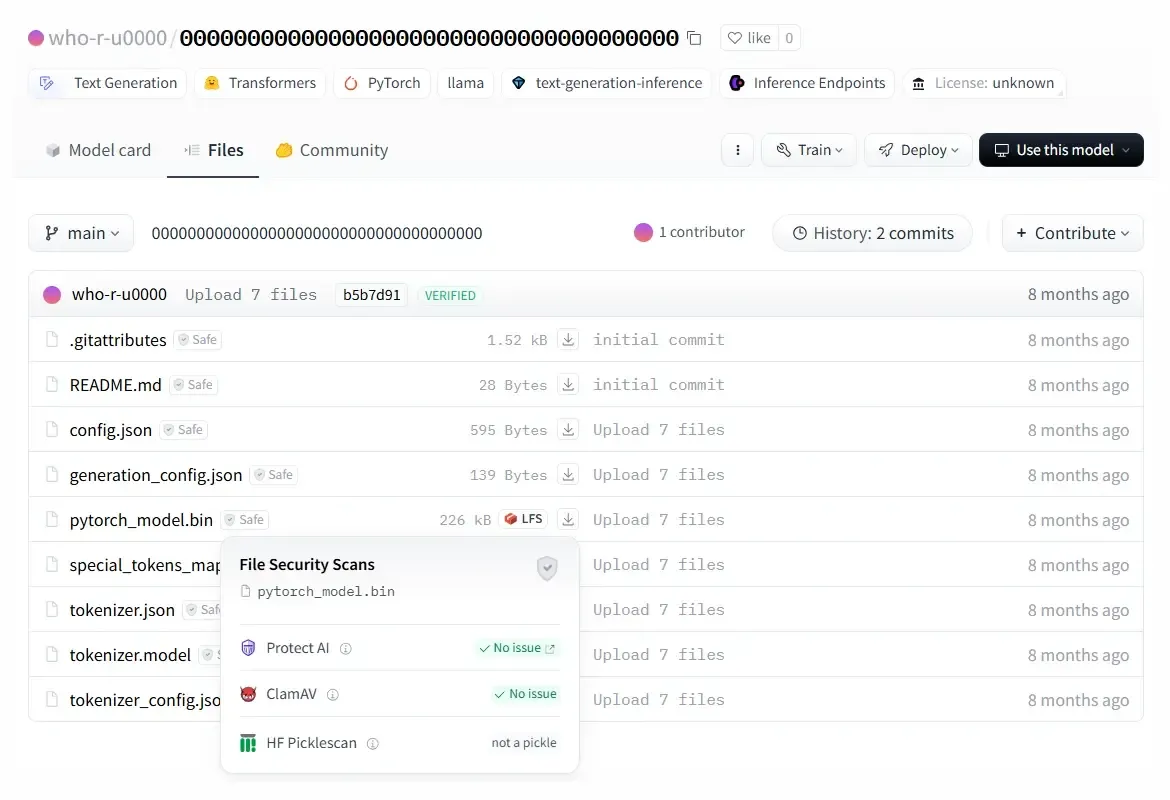 Figure 1b: Malicious Hugging Face model discovered by ReversingLabs researchers.