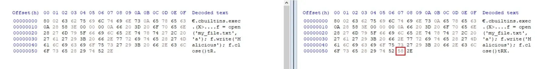 one-byte difference between the valid and broken Pickle file