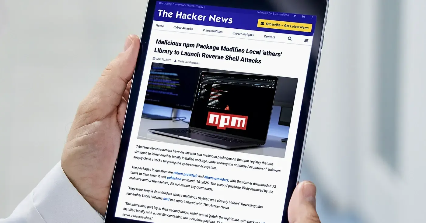 hands holding electronic tablet with article about npm hacker