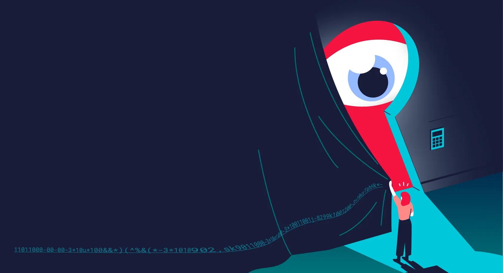 pulling back curtain on big eye looking through keyhole