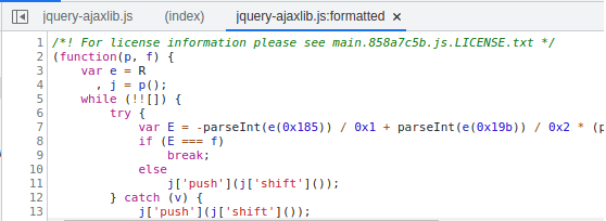Formatted view of obfuscated JavaScript code in jquery-ajaxlib.js, showing a loop decoding hexadecimal values with parseInt and pushing shifted values into an array.
