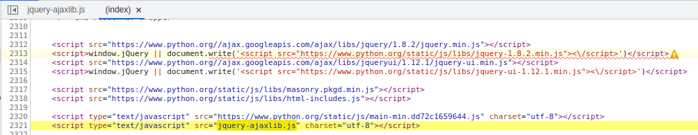 Highlighted HTML code showing a script tag injecting jQuery from a potentially malicious file named ‘jquery-ajaxlib.js’ alongside legitimate sources from python.org and Google APIs.