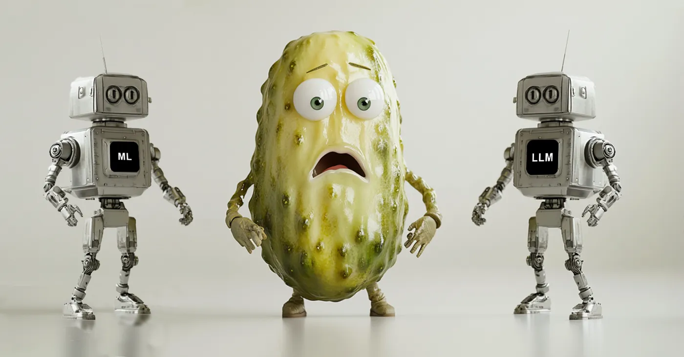 giant animated pickle looking distressed standing between two robots
