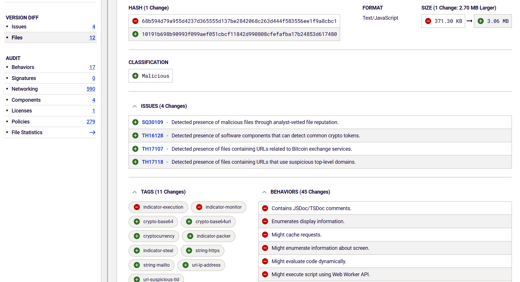 spectra Assure scan showing a differential analysis between lottie-player.js file from different versions of @lottiefiles/lottie-player using Spectra Assure CLI