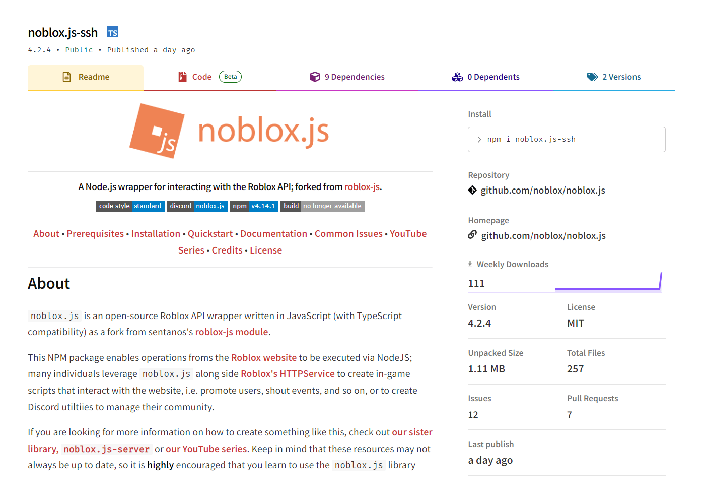 attackers made noblox.js-ssh’s npm website page look legitimate