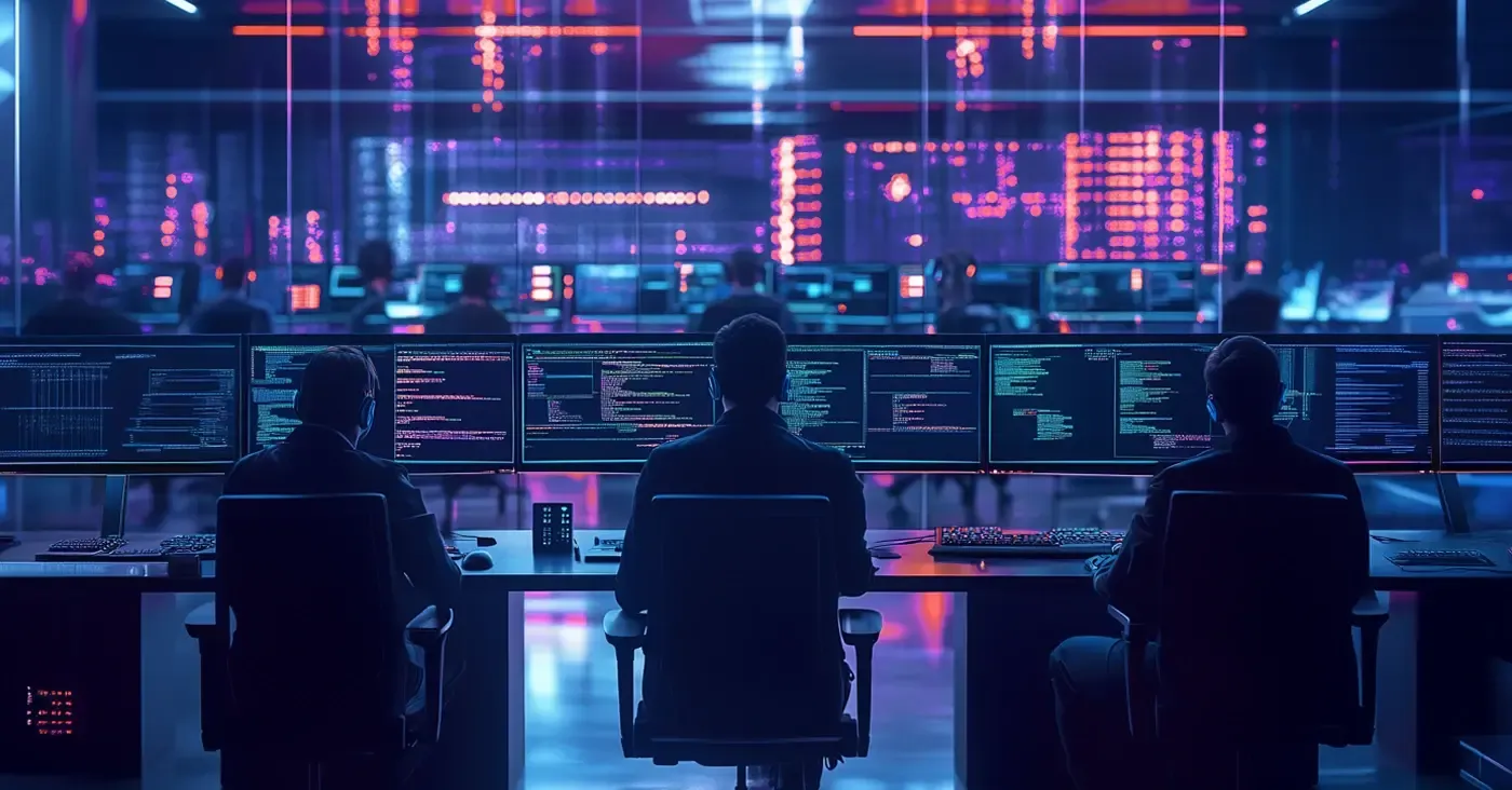three men sitting in front of monitors