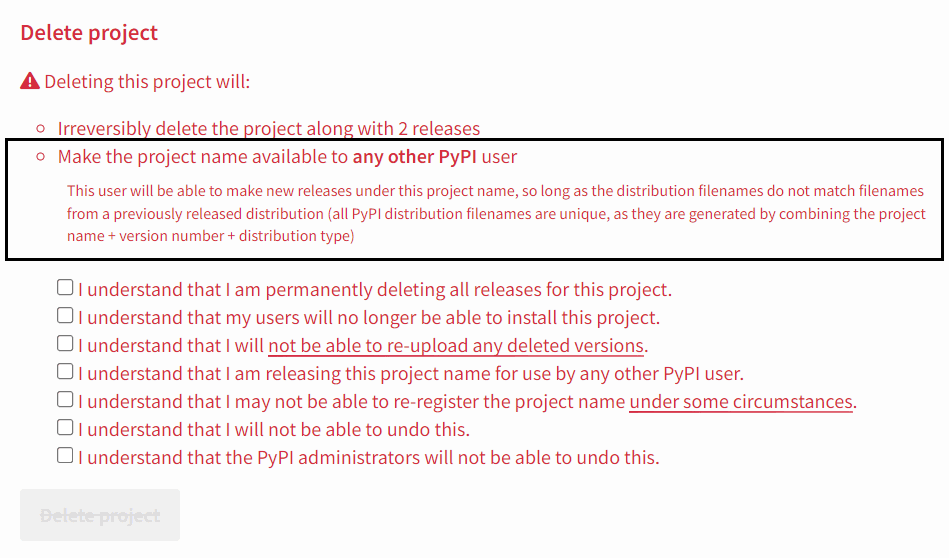 Form for deleting package from PyPI