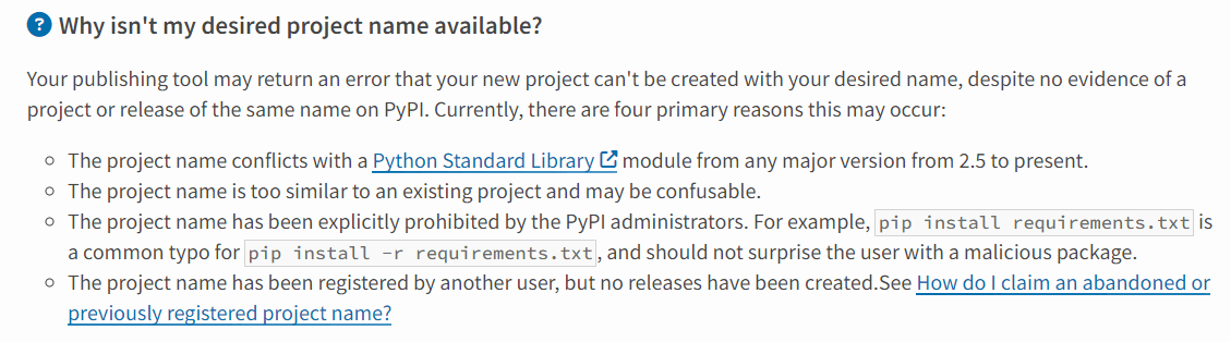 rules for using names of packages on PyPI