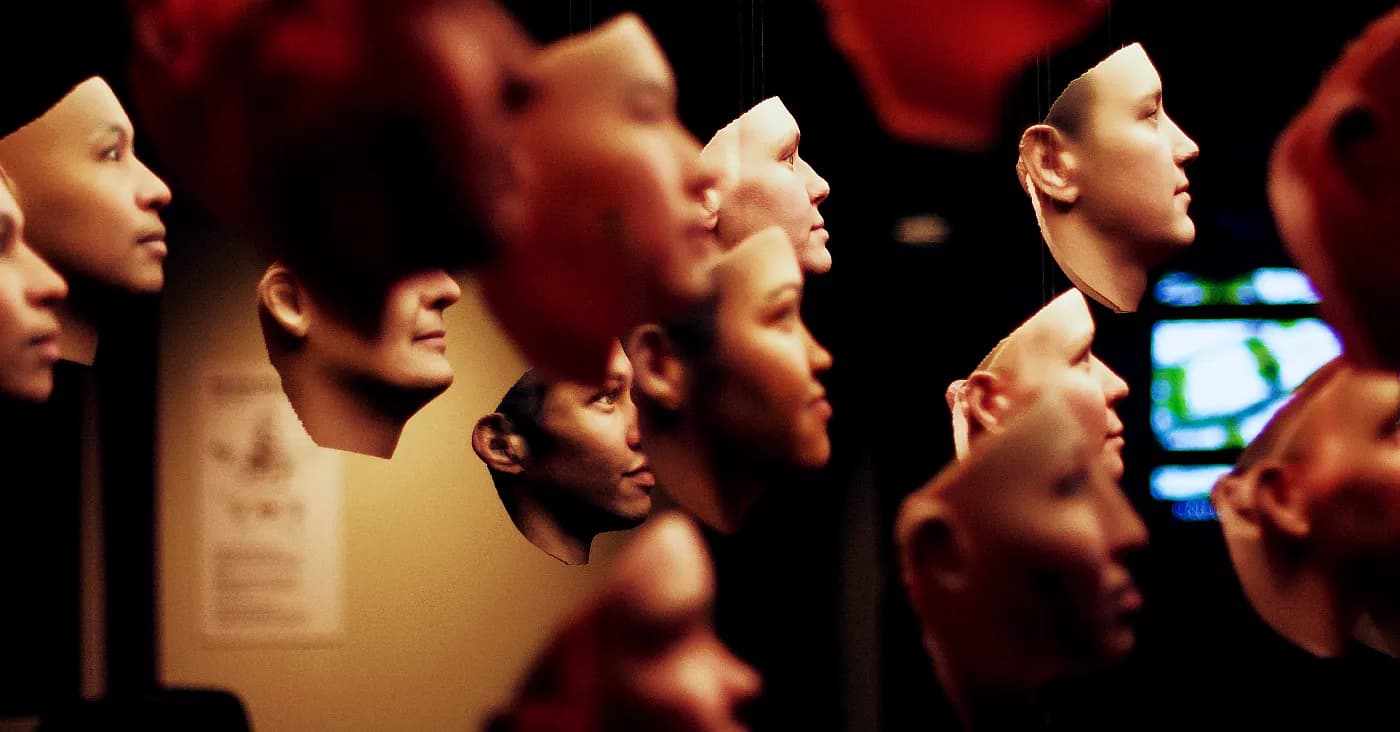 floating faces all looking ahead