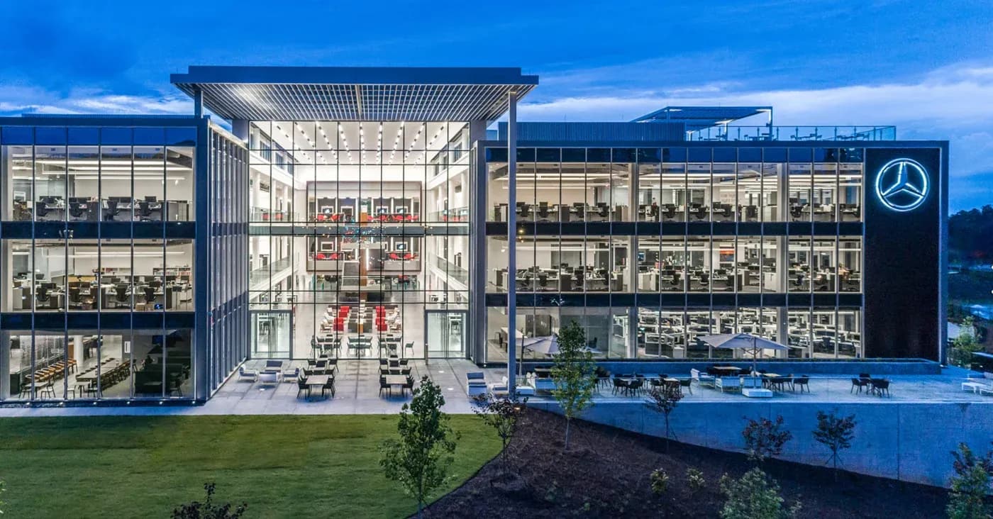 multi story glass car dealership