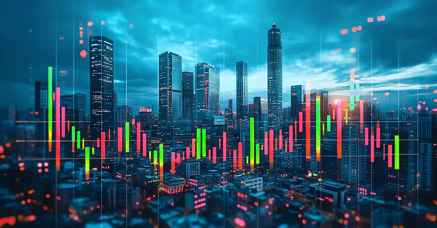 city skyline with colorful bars popping up