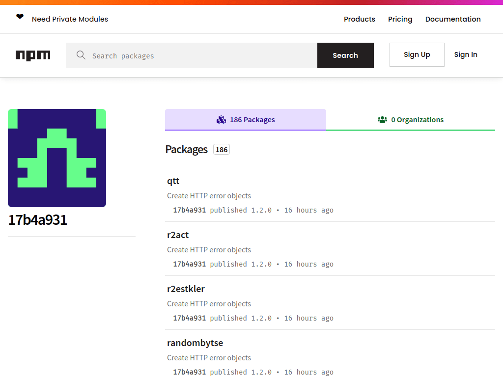 npm publisher profile for user 17b4a931, showing 186 recently published packages including qtt, r2act, r2estkler, and randombytse, each described as creating HTTP error objects.