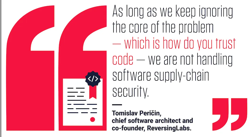 a quote by Tomislav Peričin, chief software architect and co-founder of ReversingLabs, stating that ignoring the question of how to trust code prevents proper handling of software supply chain security.