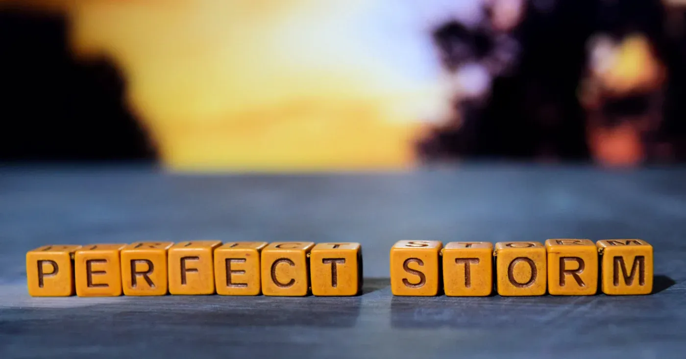 wooden letter blocks spelling perfect storm