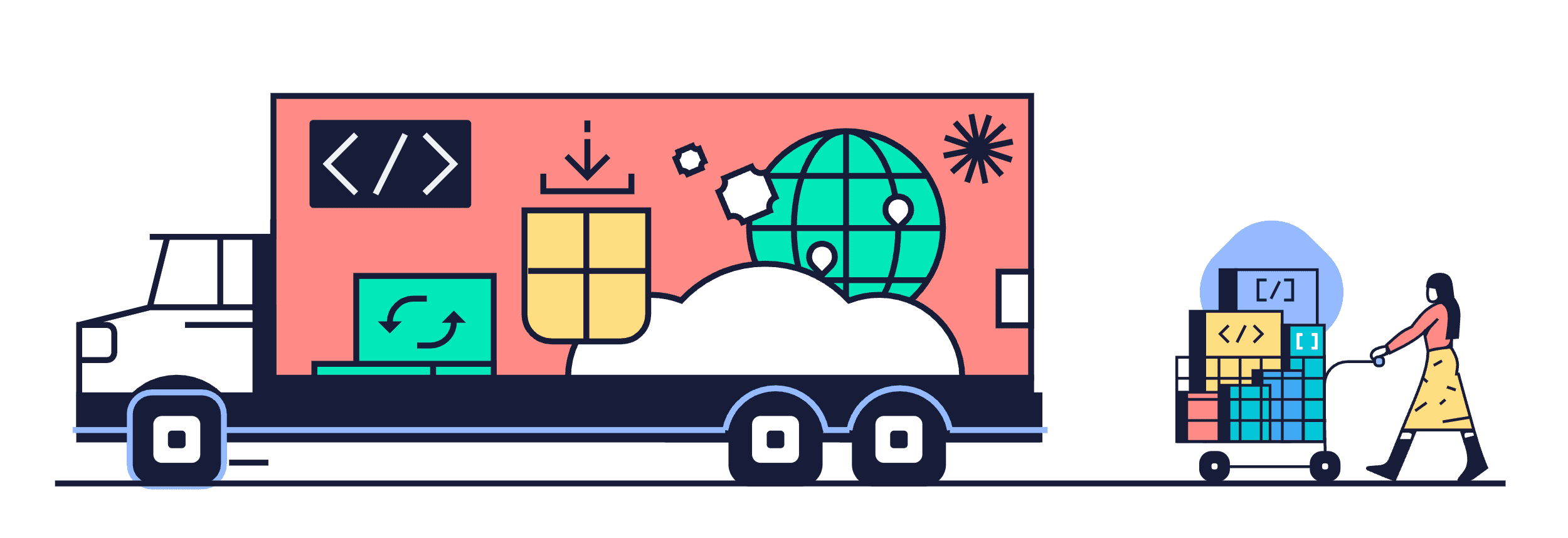 truck with woman pushing cart behind it