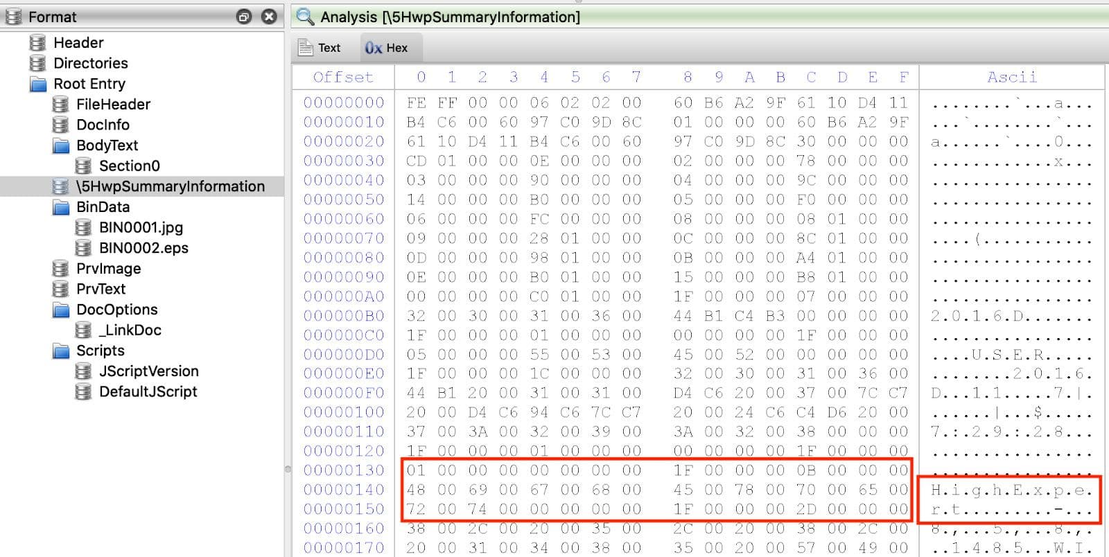 "HighExpert" String in HwpSummaryInfomation Stream