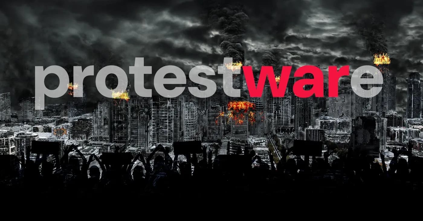 protestware word superimposed over gloomy cityscape and the war bolded in red