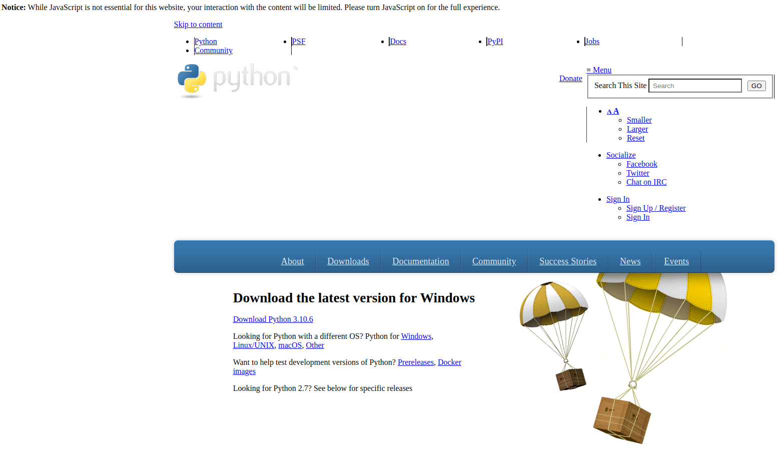 Python.org homepage displaying in degraded mode due to JavaScript being disabled. Page content includes basic navigation, download link for Python 3.10.6, and minimal formatting.