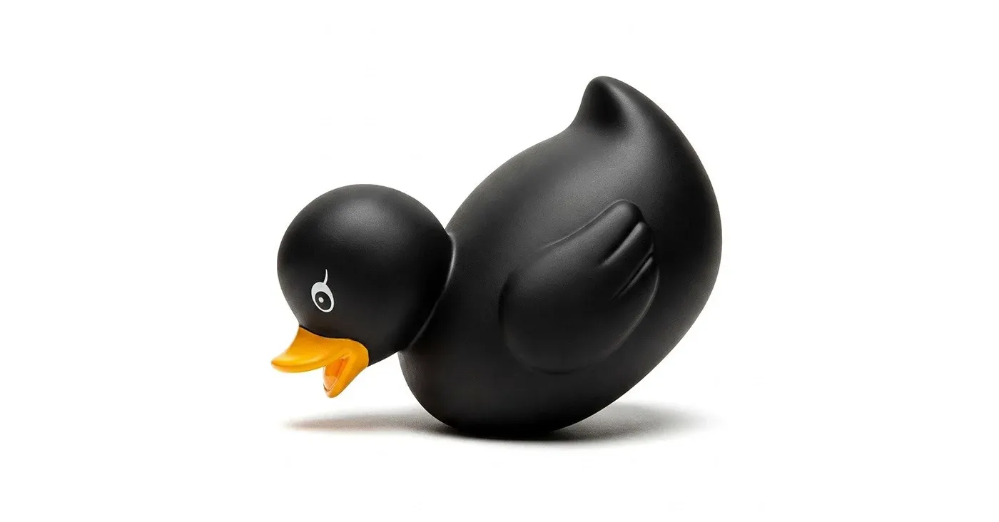 black rubber ducky leaning forward