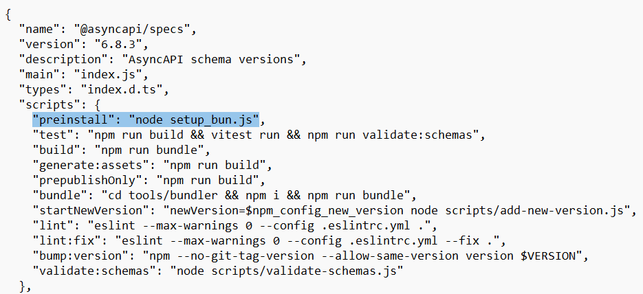 Preinstall script triggering malware execution