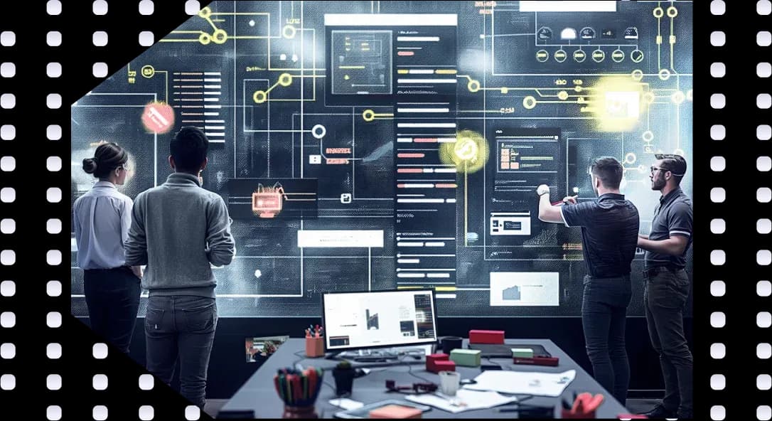 team standing around smart board