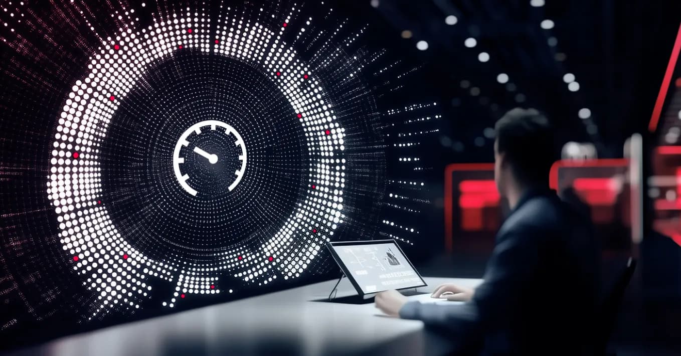 guy on laptop looking at high tech clock screen