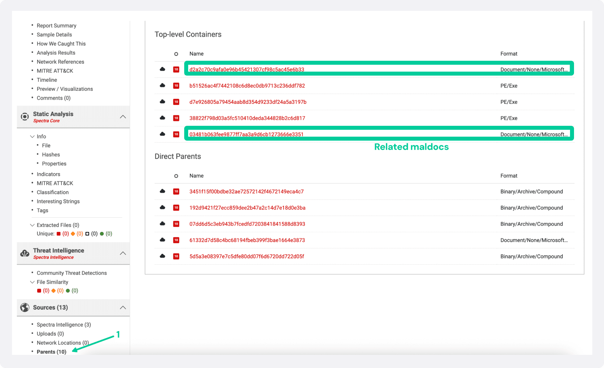 Related documents, as viewed in Spectra Analyze relationships tab