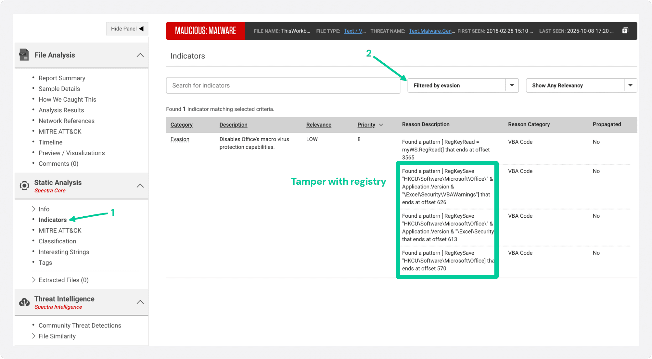 Static Analysis Indicators tab within Spectra Analyze