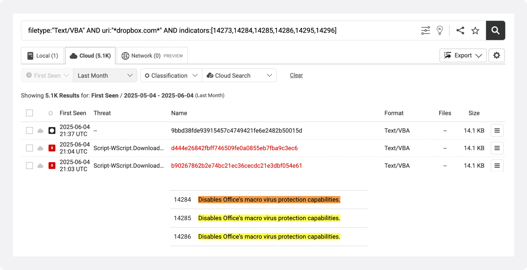 Behavioral Indicator Advanced Search, looking for VBA macros that contact the Dropbox domain and exhibit behavior as defined by the indicators above.