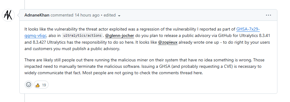 Comment on the GitHub issue pages explaining the infection vector