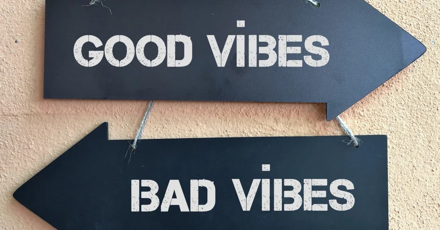 two wooden signs: good vibes pointing one way, bad vibes pointing the opposite